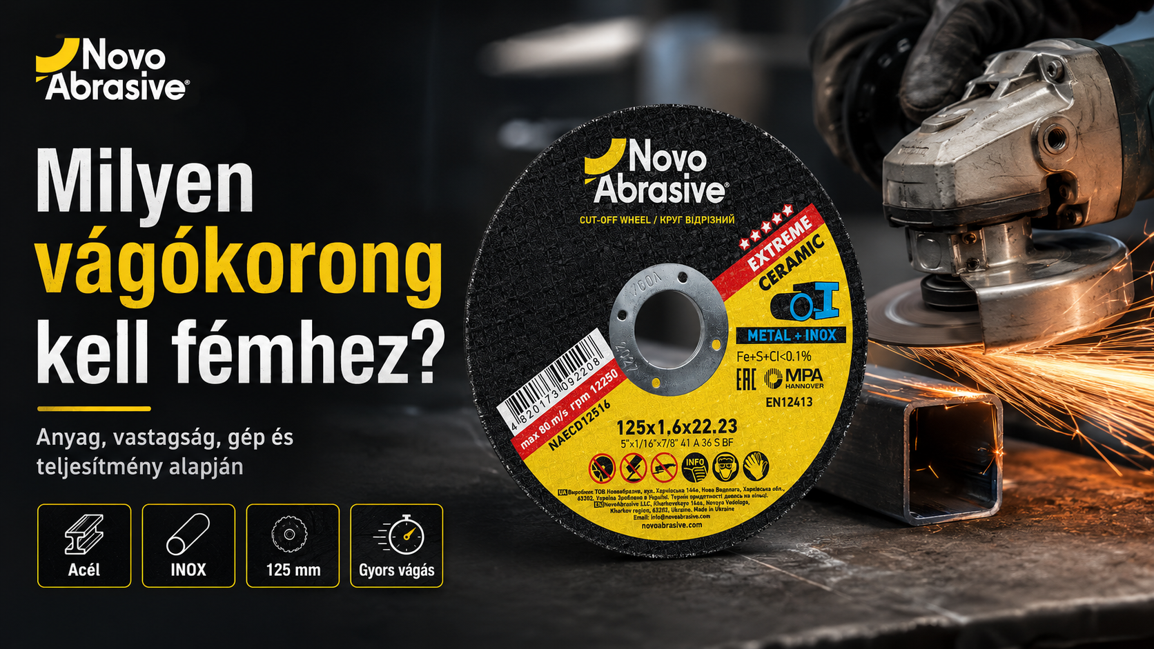 NovoAbrasive Extreme 125 mm-es vágókorong fémhez, sarokcsiszolóval használva
